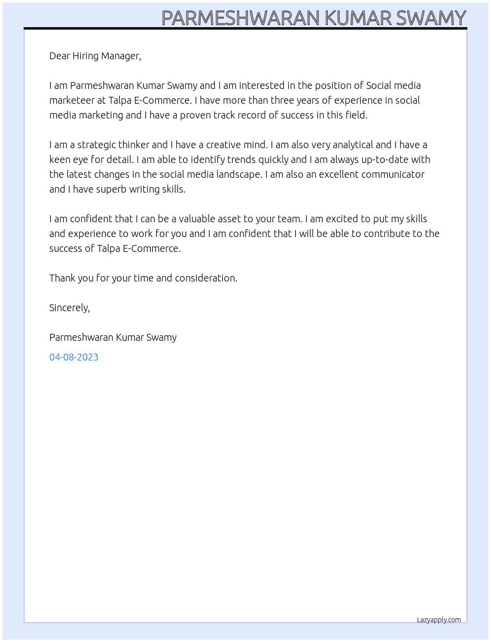 Social media marketeer At Talpa E-Commerce Cover Letter