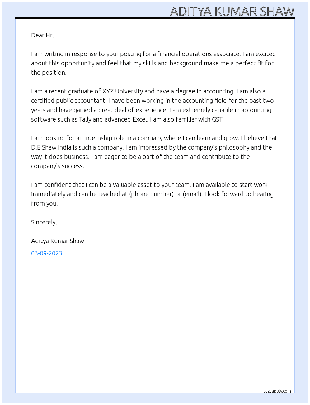 financial operations associate  At D.E Shaw India Cover Letter