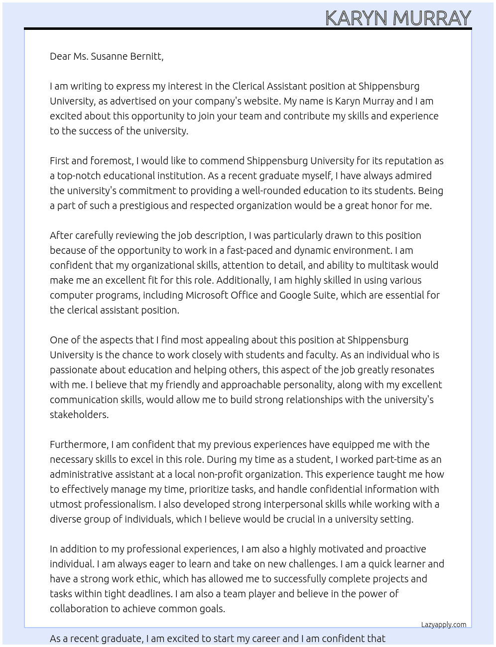 Clerical Assistant At Shippensburg University Cover Letter