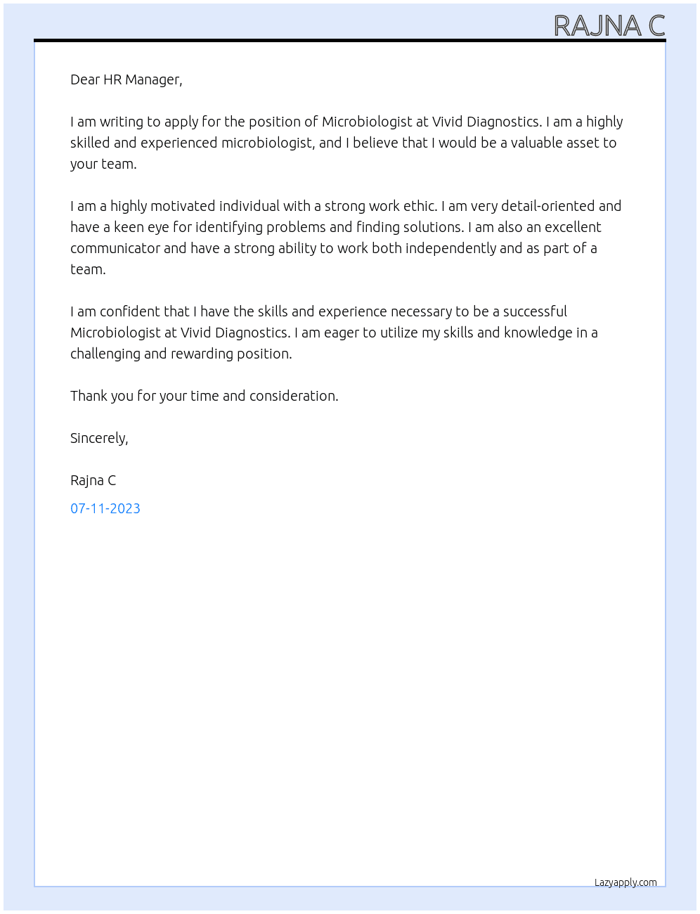Microbiologist At Vivid  diagnostics Cover Letter