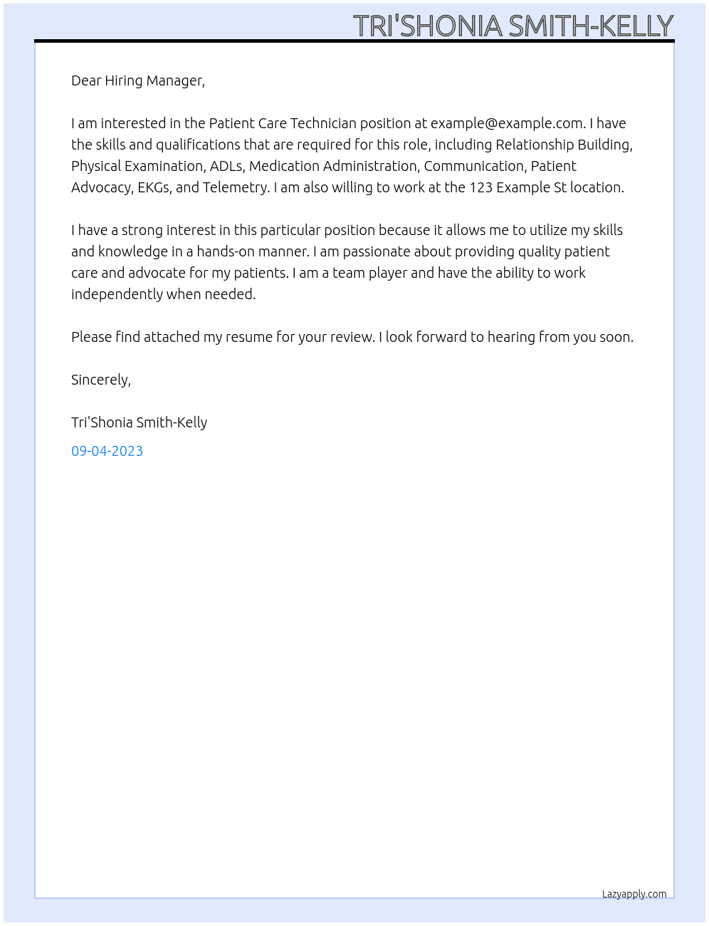 Patient Care Technician  At example@example.com Cover Letter