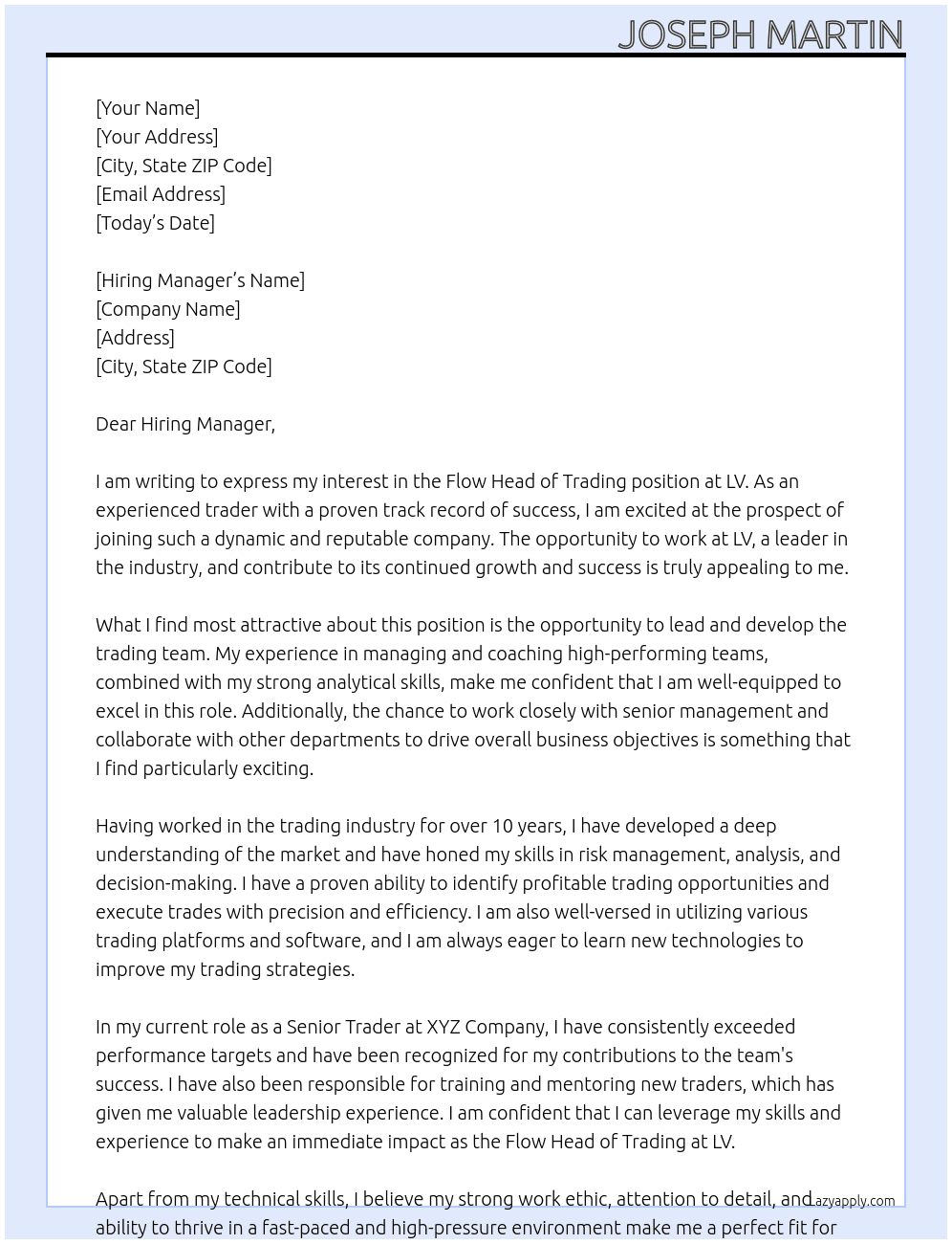 Flow Head of Trading At LV  Cover Letter