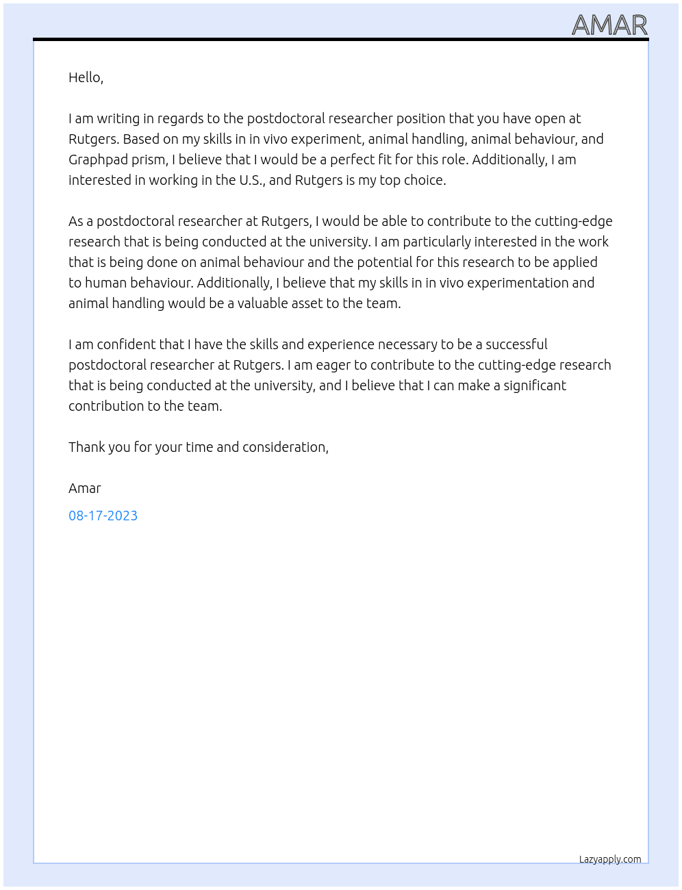 postdoctoral researcher At Rutgers Cover Letter