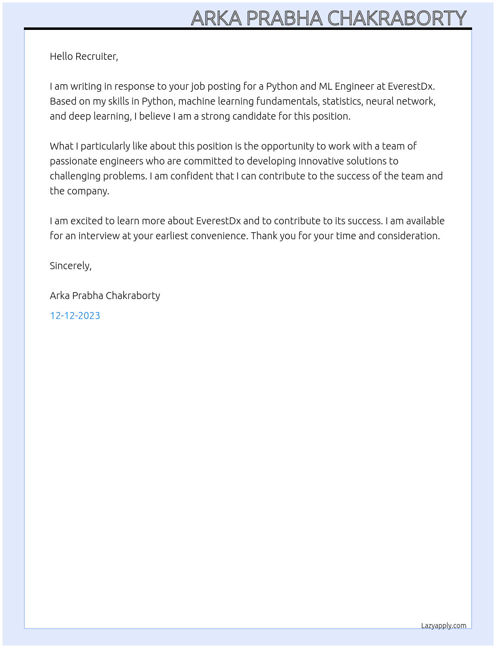 Python and Ml engineer At EverestDx Cover Letter
