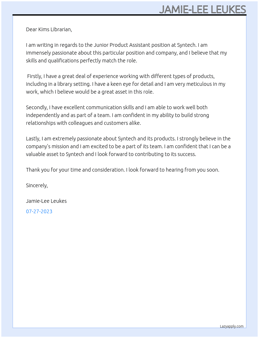 Junior Product Assistant At Syntech  Cover Letter