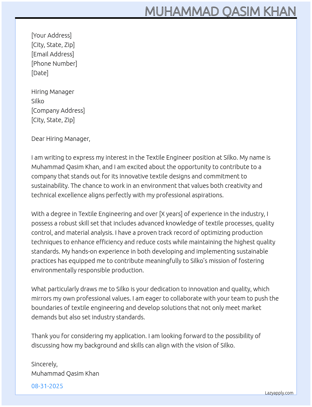 textile engineer At Silko Cover Letter