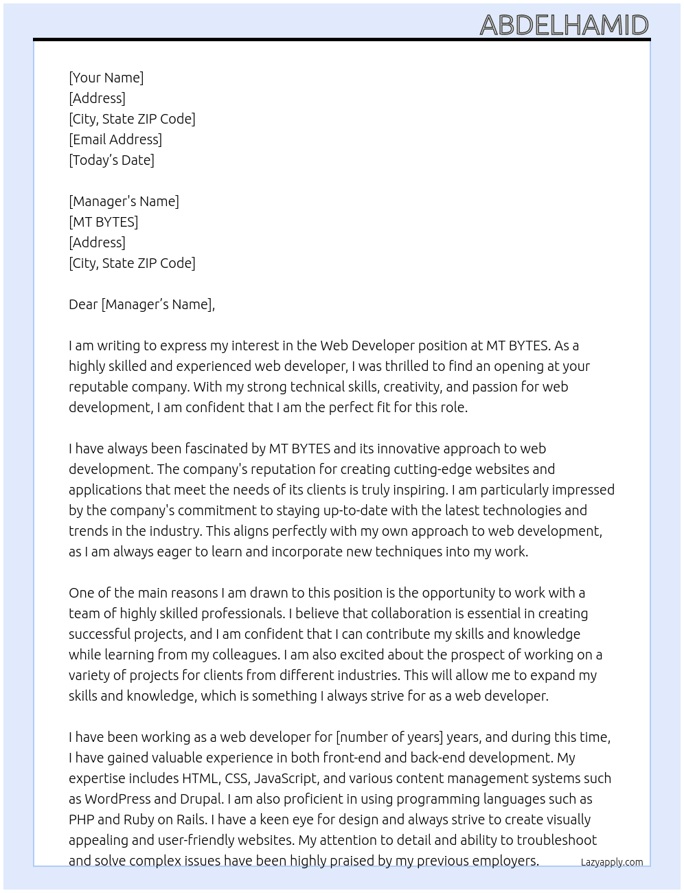 Web Developer At MT BYTES Cover Letter