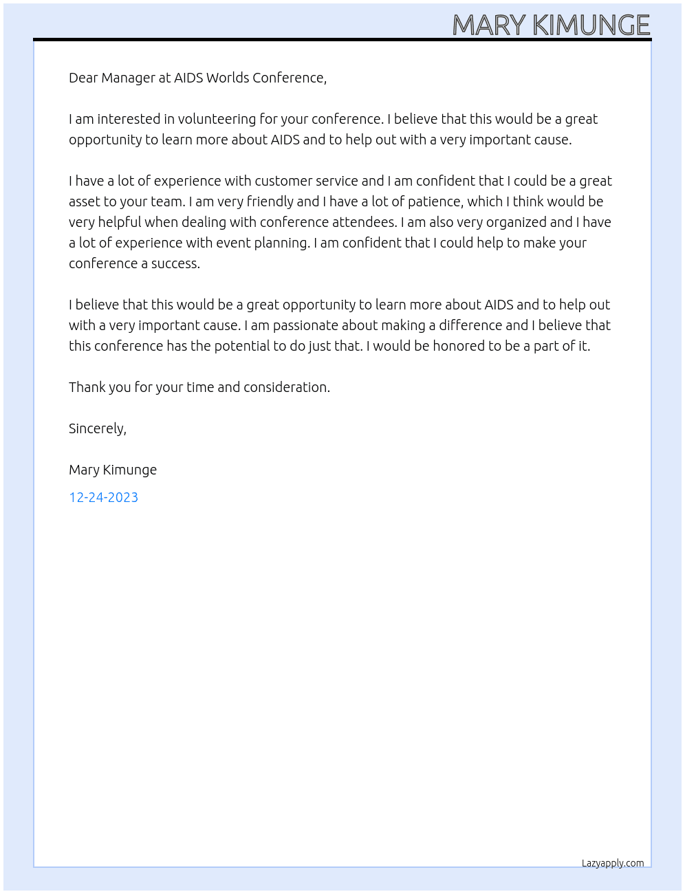 volunteer At WORLDS AIDS ORGANISATION Cover Letter