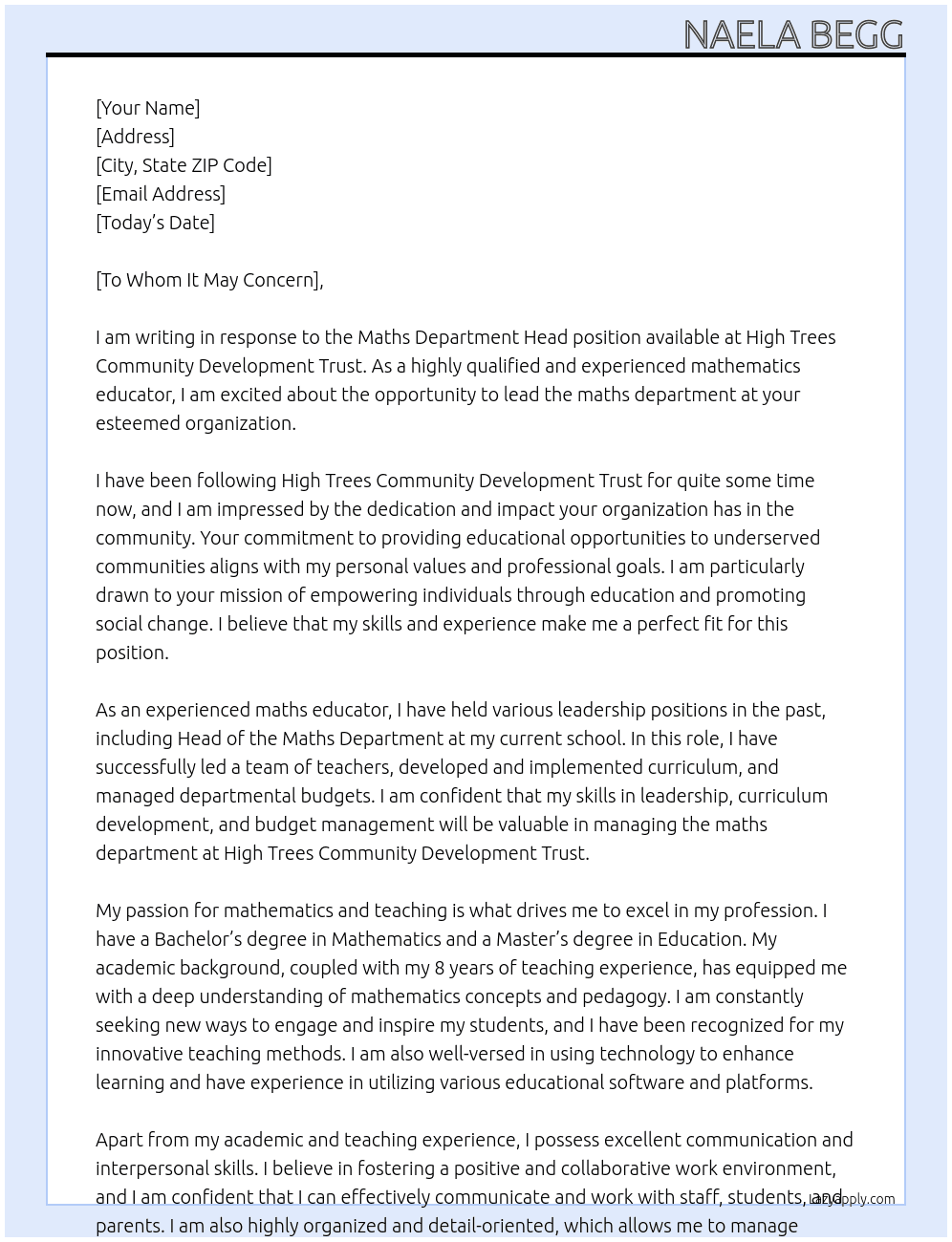 Maths Department Head At High Trees Community Development Trust Cover Letter