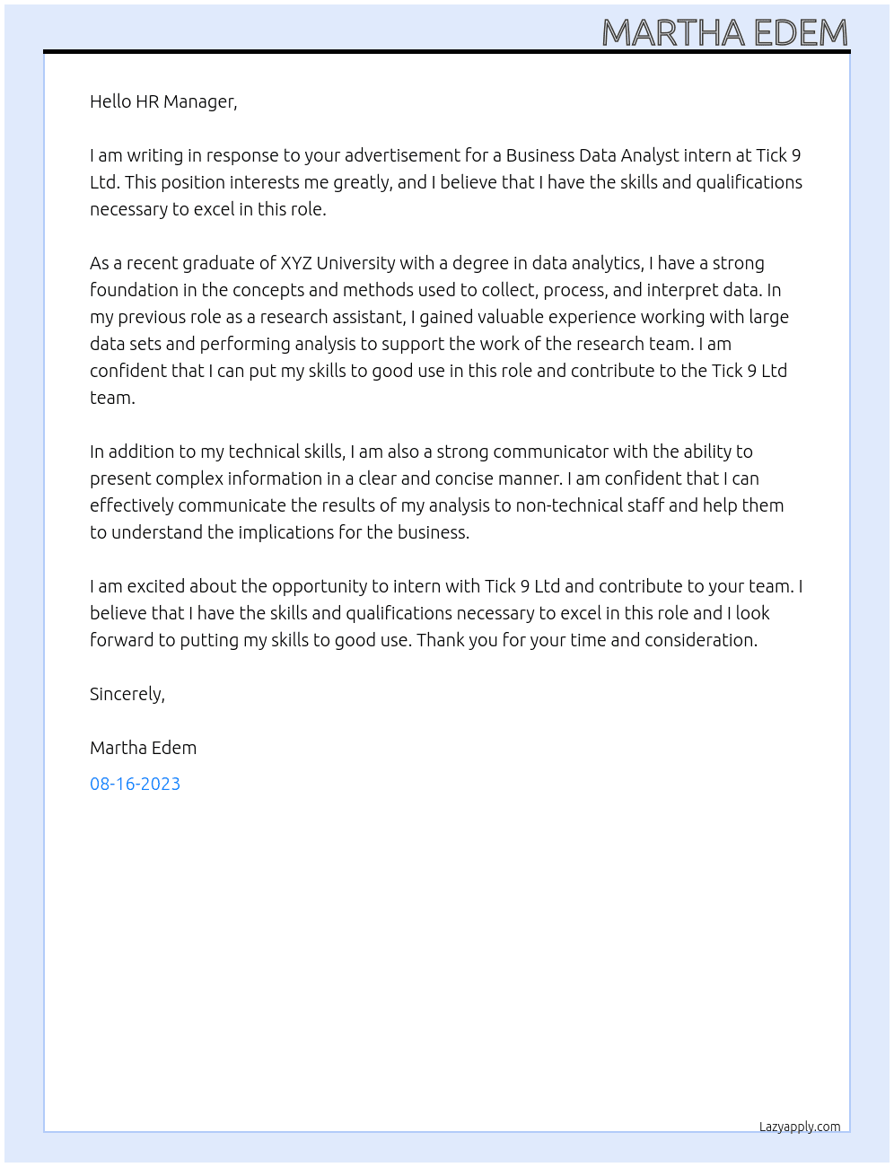 Business Data Analyst At Tick 9 Ltd Cover Letter