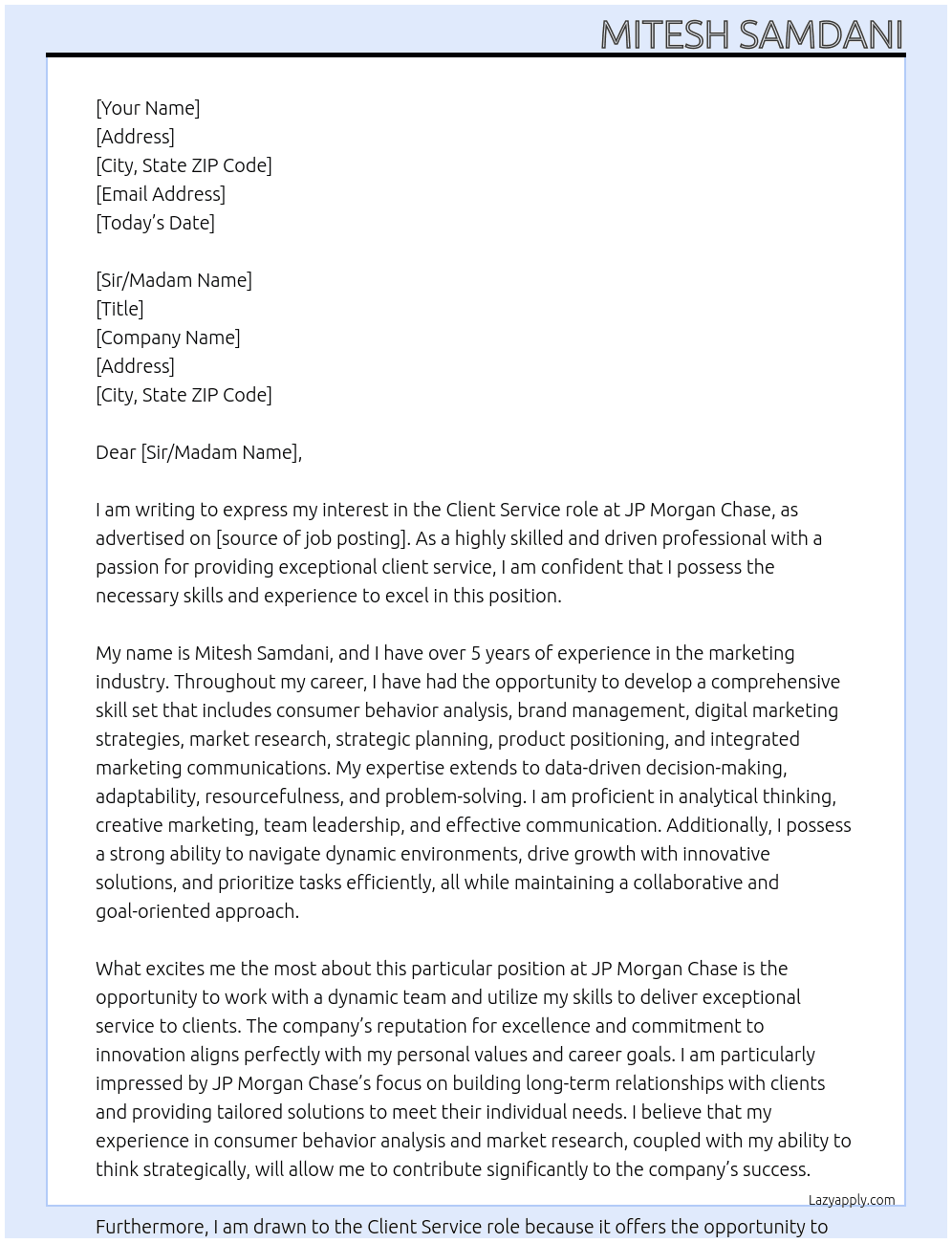Client Service At JP Morgan Chase Cover Letter