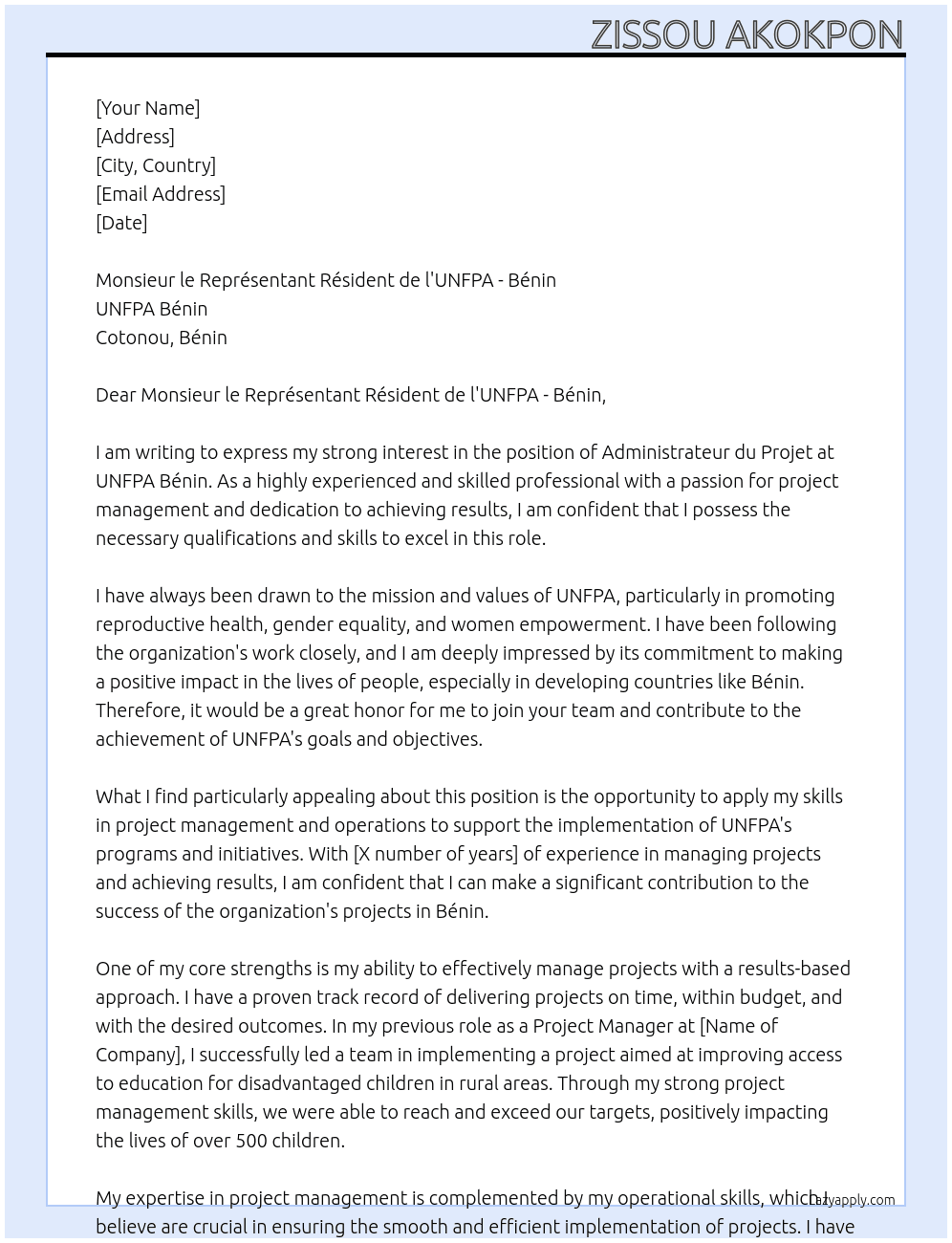 Administrateur du Projet  At UNFPA Bénin Cover Letter