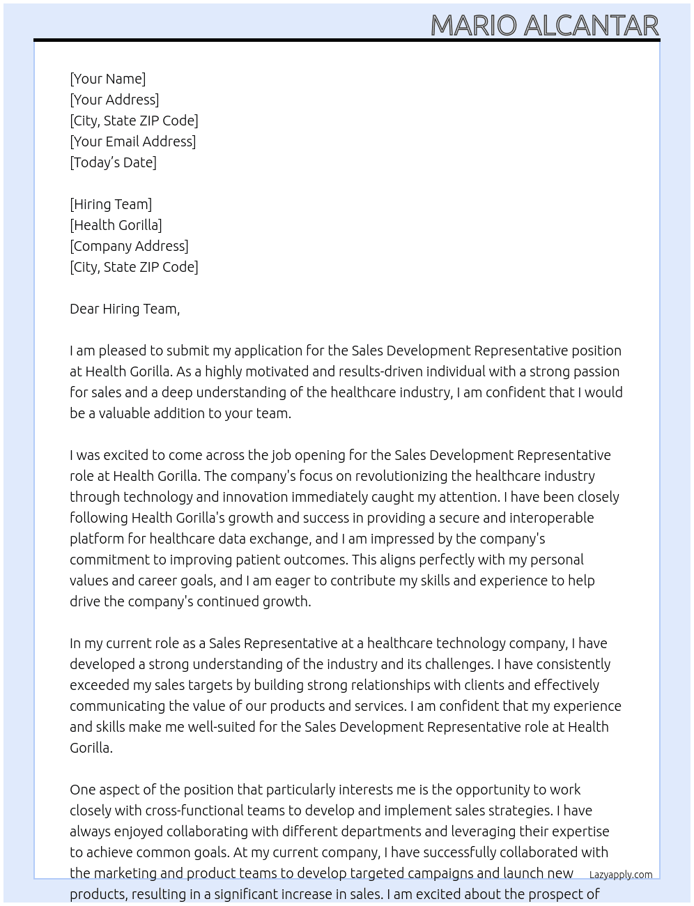 Sales Development Representative  At Health Gorilla  Cover Letter