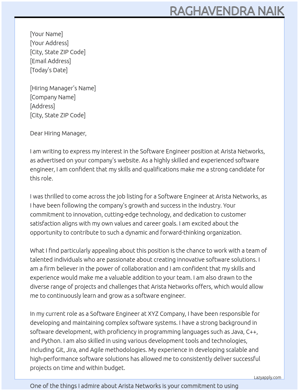 Software Engineer At Arista Networks Cover Letter
