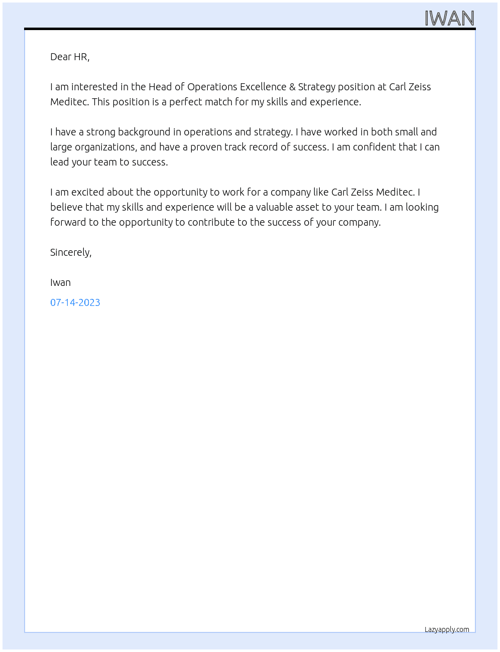 Head of operations excellence & strategy At Carl Zeiss Meditec Cover Letter