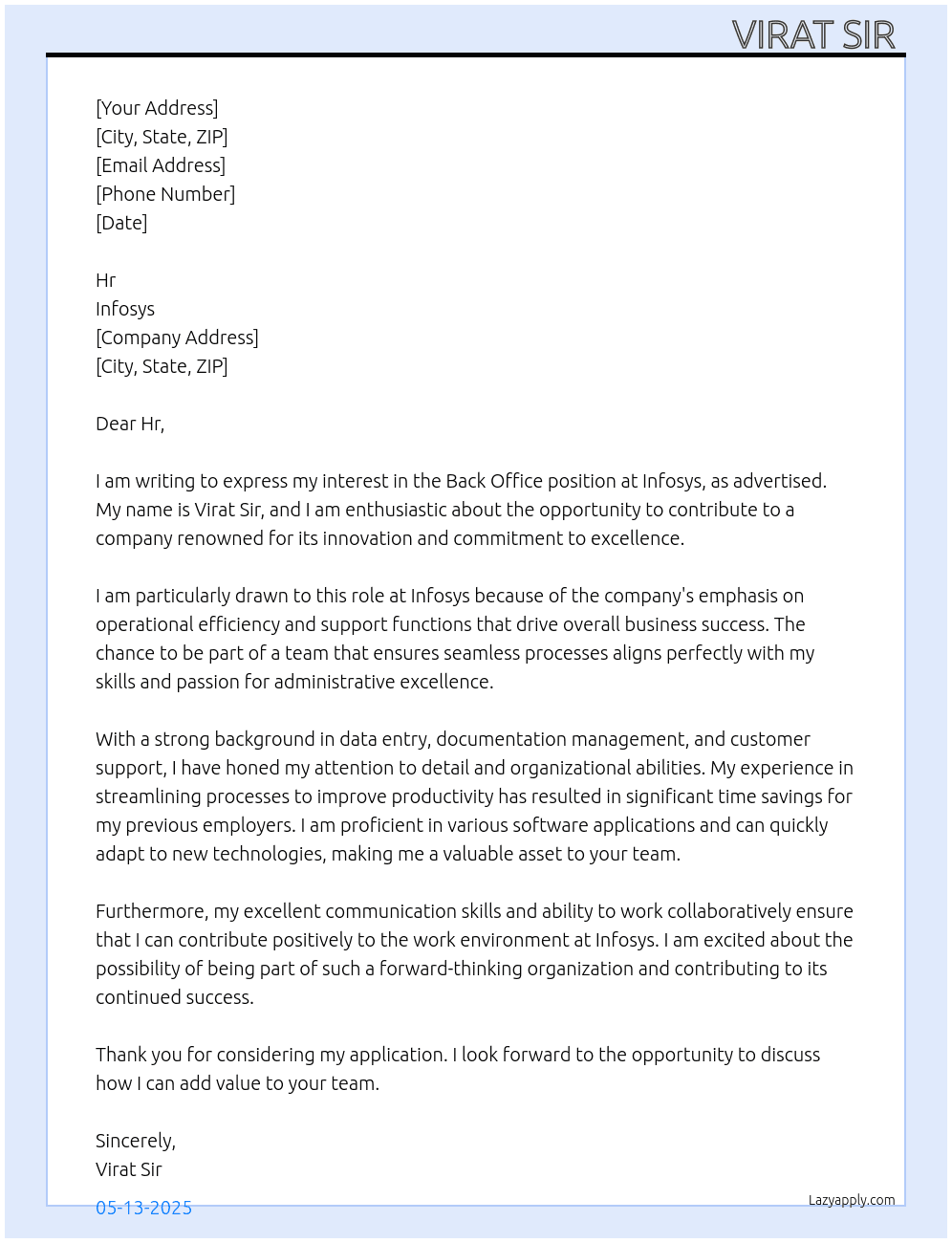 Back office  At Infosys  Cover Letter