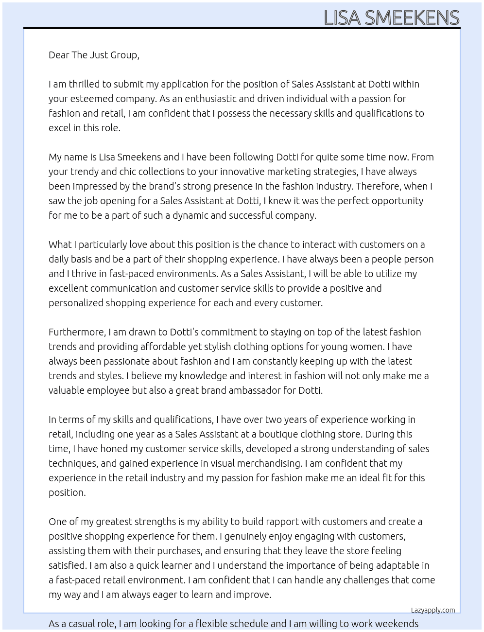 Sales assistant  At The just group Cover Letter