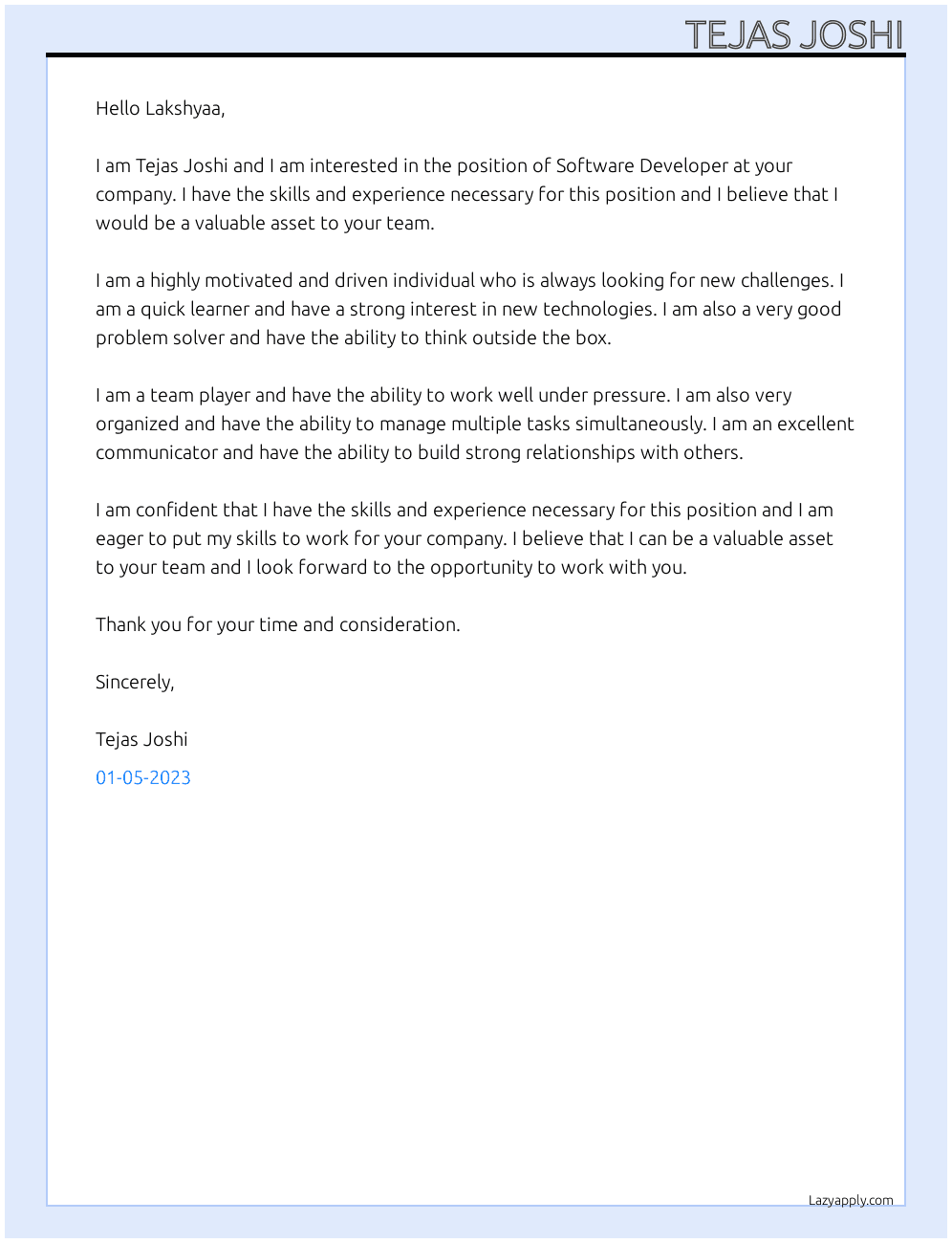 Software Developer At Tejas Joshi Cover Letter