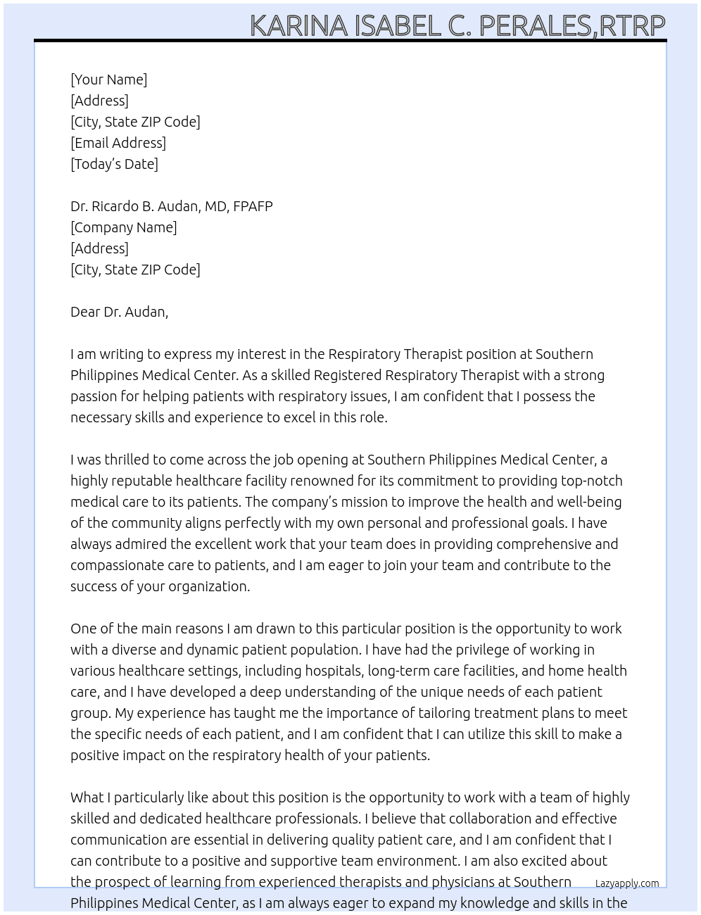 Respiratory Therapist At Southern Philippines Medical Center Cover Letter