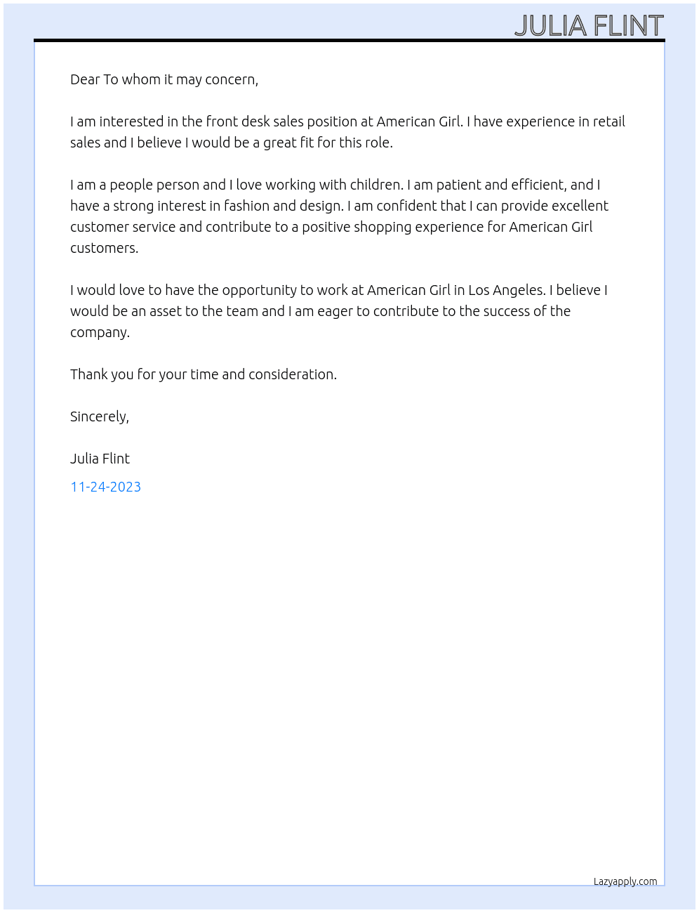 Front desk sales At American Girl Cover Letter