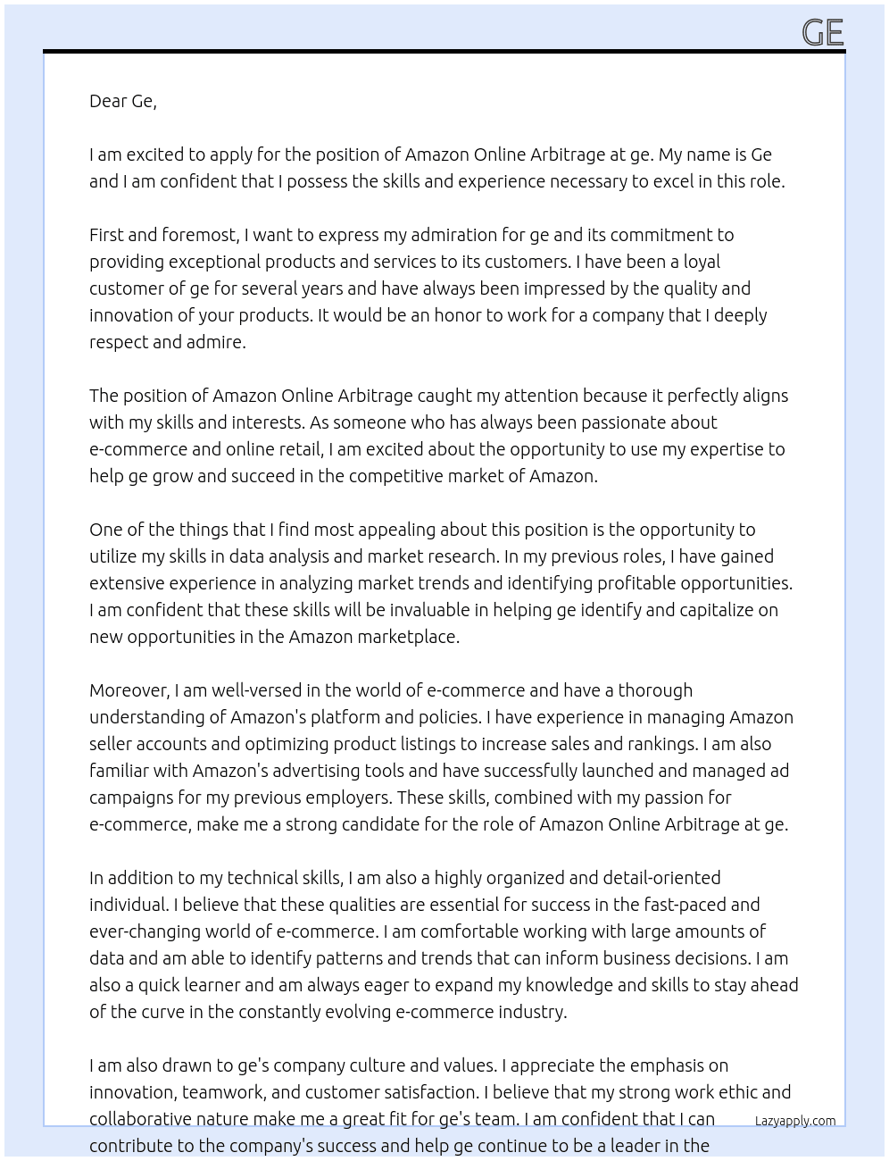Amazon Online Arbitrage At ge Cover Letter