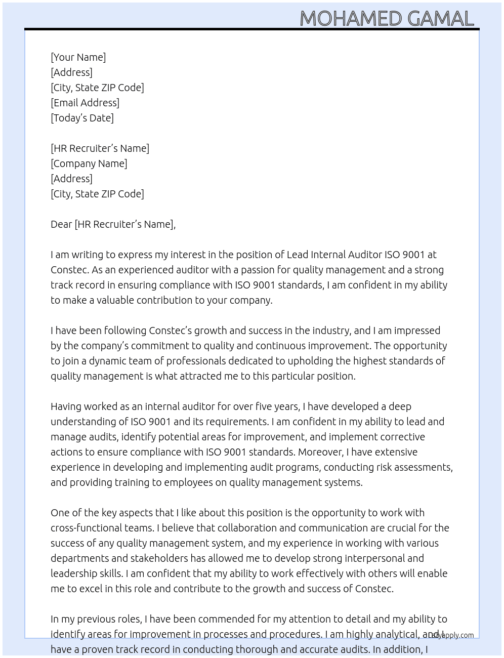 Lead Internal Auditor ISO 9001 At Constec Cover Letter