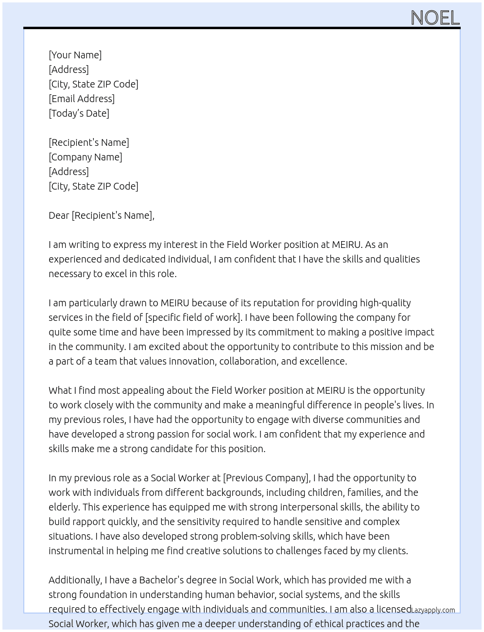 field worker At MEIRU Cover Letter