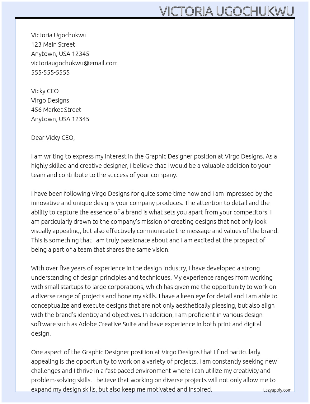 Graphic designer At Virgo Designs Cover Letter