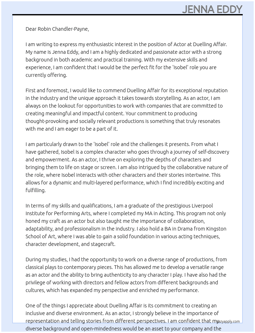 Actor At Duelling Affair Cover Letter