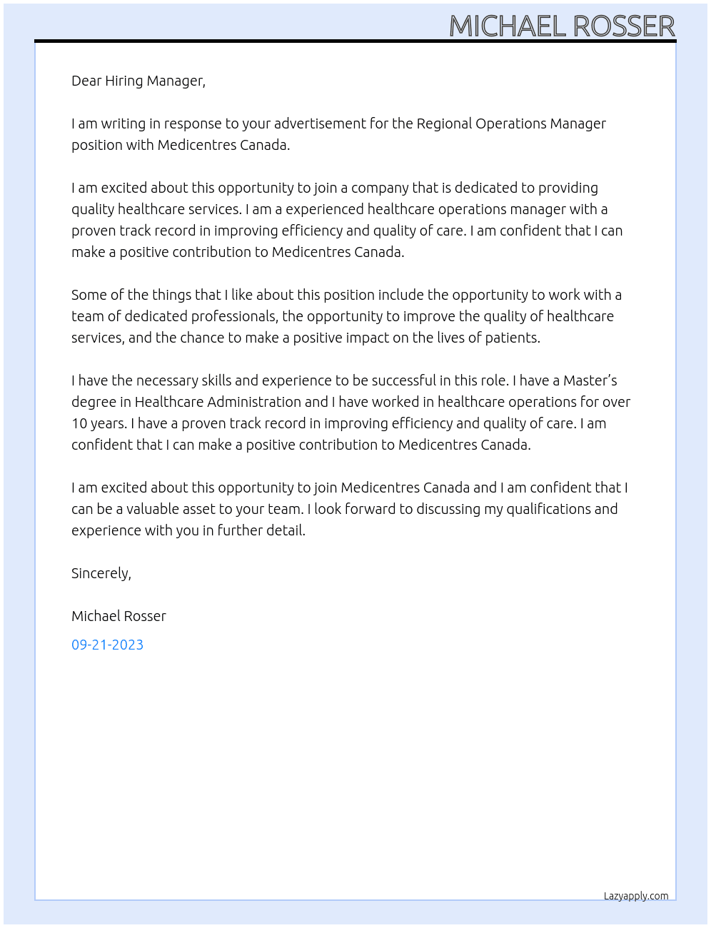 Regional Operations Manager At Medicentres Canada Cover Letter