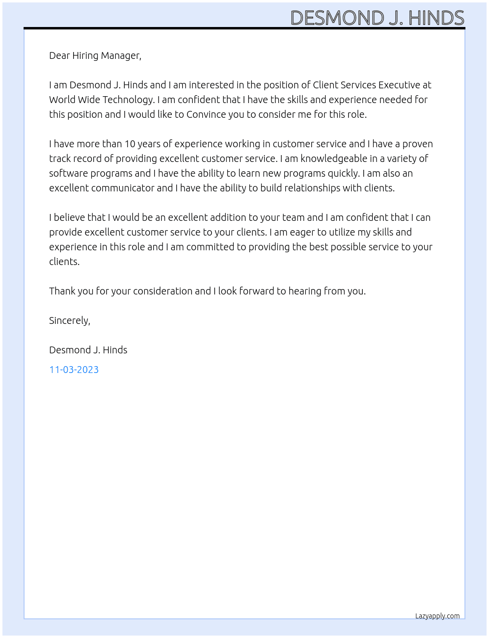 Client Services Executive  At World Wide Technology Cover Letter