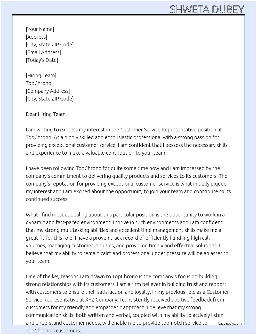 customer service representative At TopChrono Cover Letter
