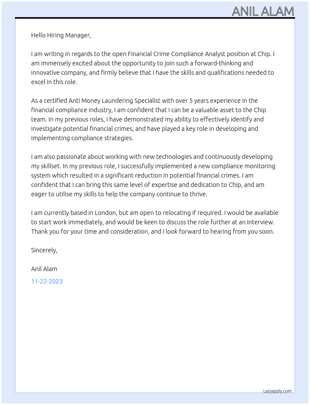 Financial Crime Compliance Analyst At Chip Cover Letter