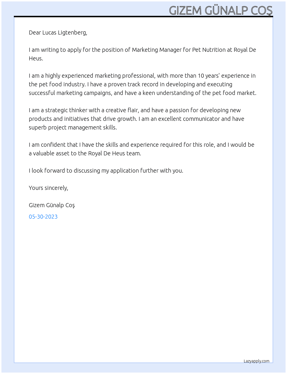 Marketing Manager for Pet nutrition At Royal De Heus Cover Letter