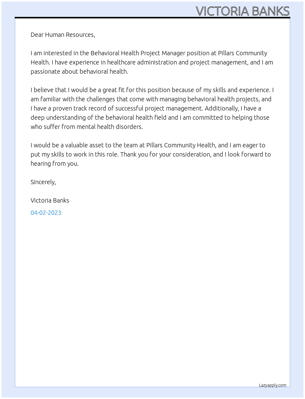 Behavioral Health Project Manager At Pillars Community Health Cover Letter