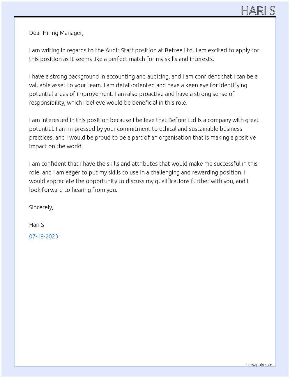 Audit Staff At Befree Ltd Cover Letter