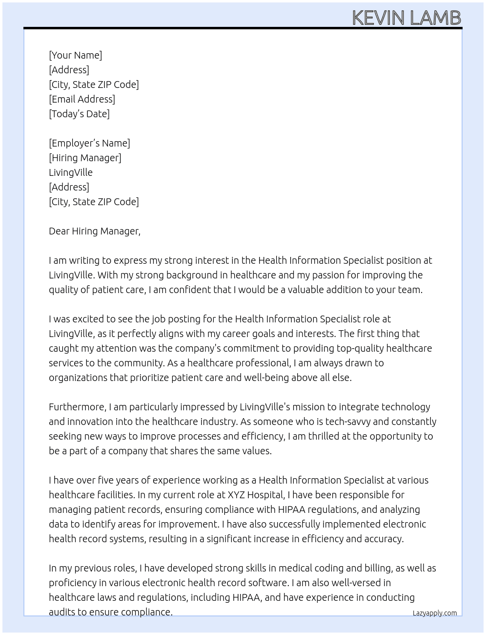 Health Information Specialist At LivingVille Cover Letter