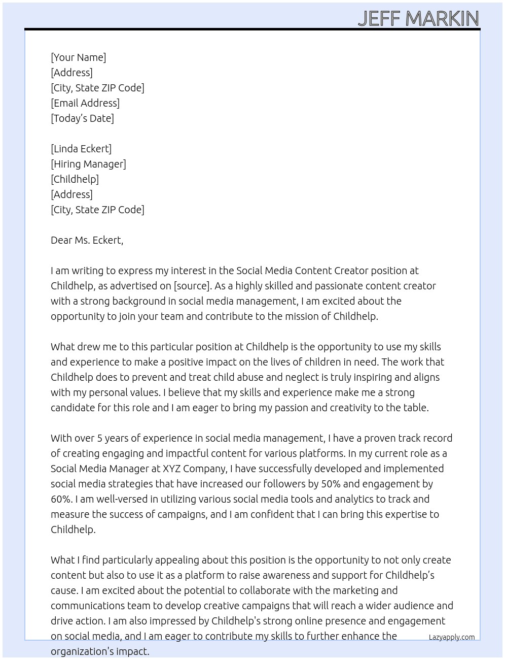 Social Media Content Creator At Childhelp Cover Letter