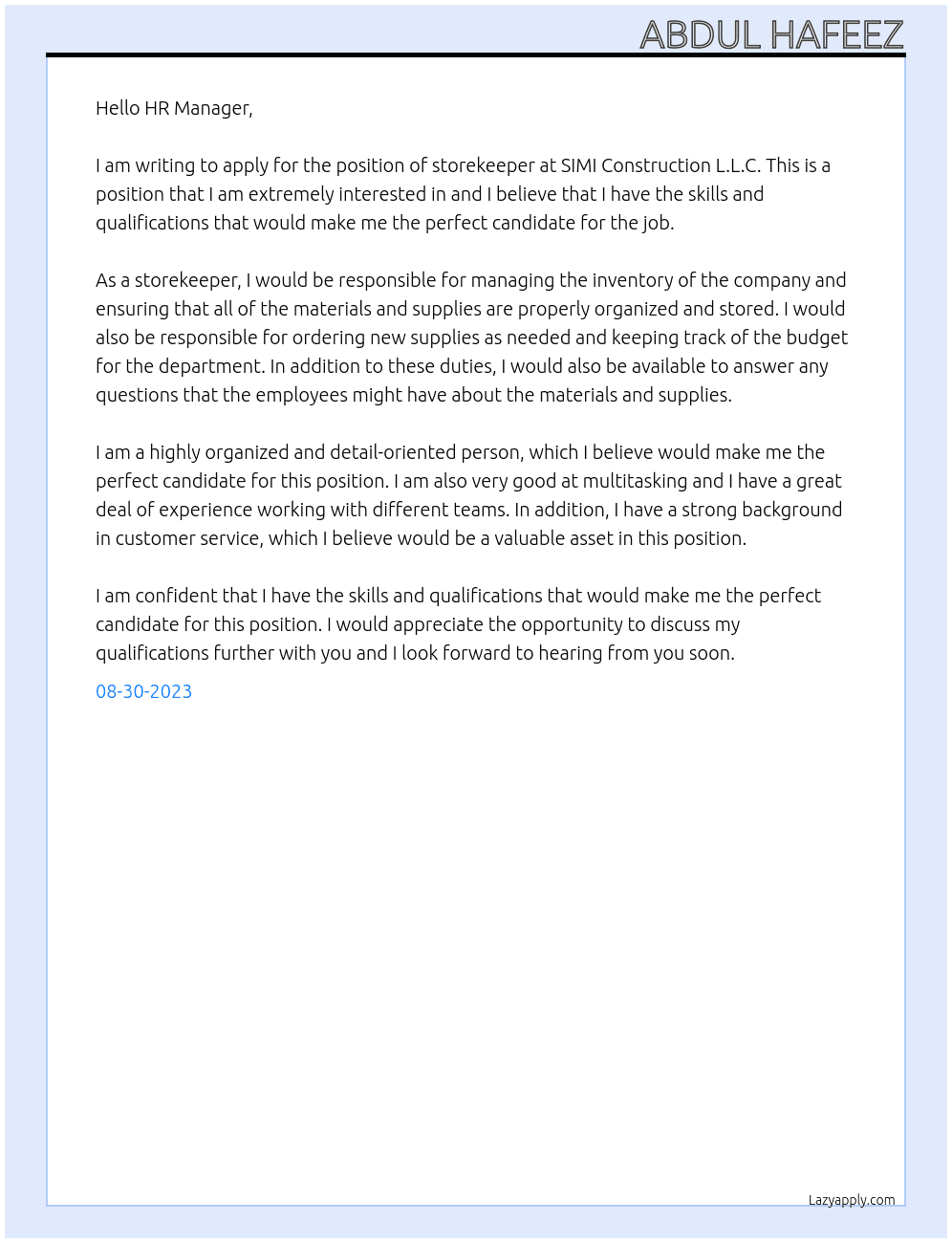 Storekeeper At SIMI CONSTRUCTION L.L.C Cover Letter