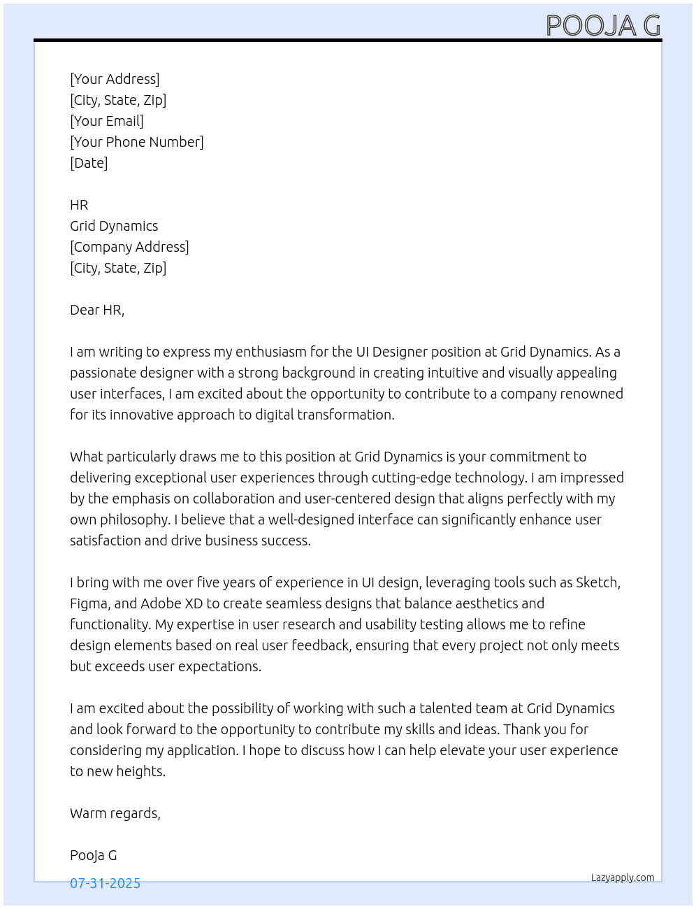 UI Designer At grid dynamics Cover Letter