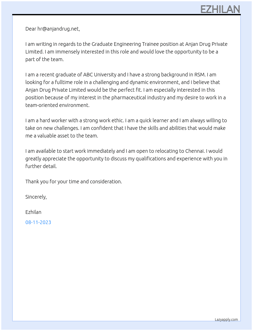 Graduate Engineering Trainee At Anjan Drug Private Limited Cover Letter