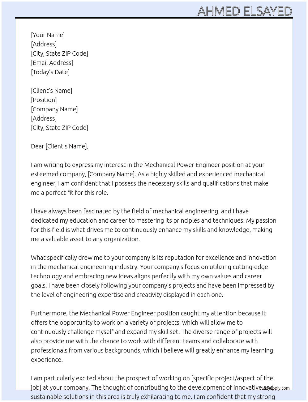Mechanical power engineer At freelancing Cover Letter
