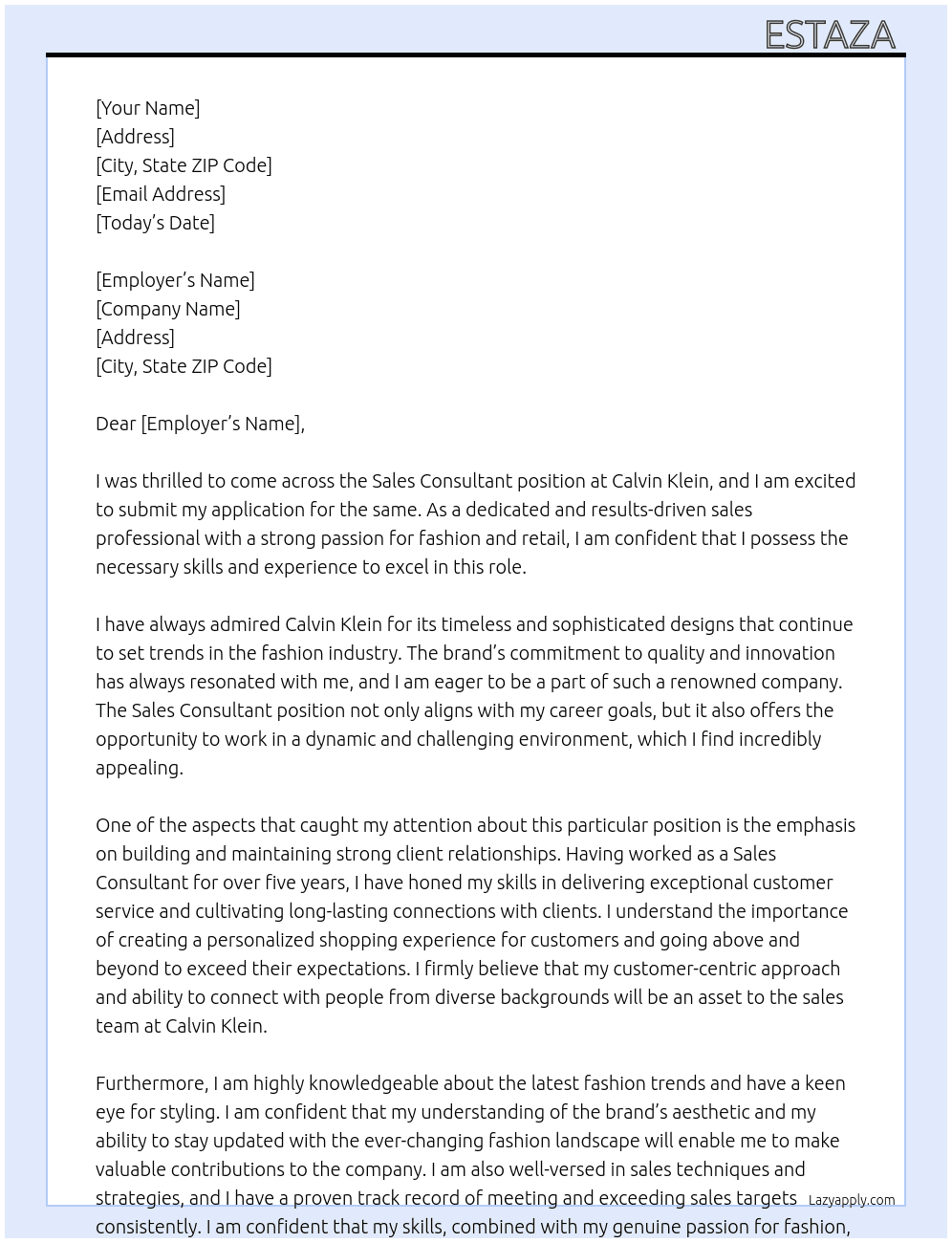 Sales Consultant At Calvin Klein Cover Letter