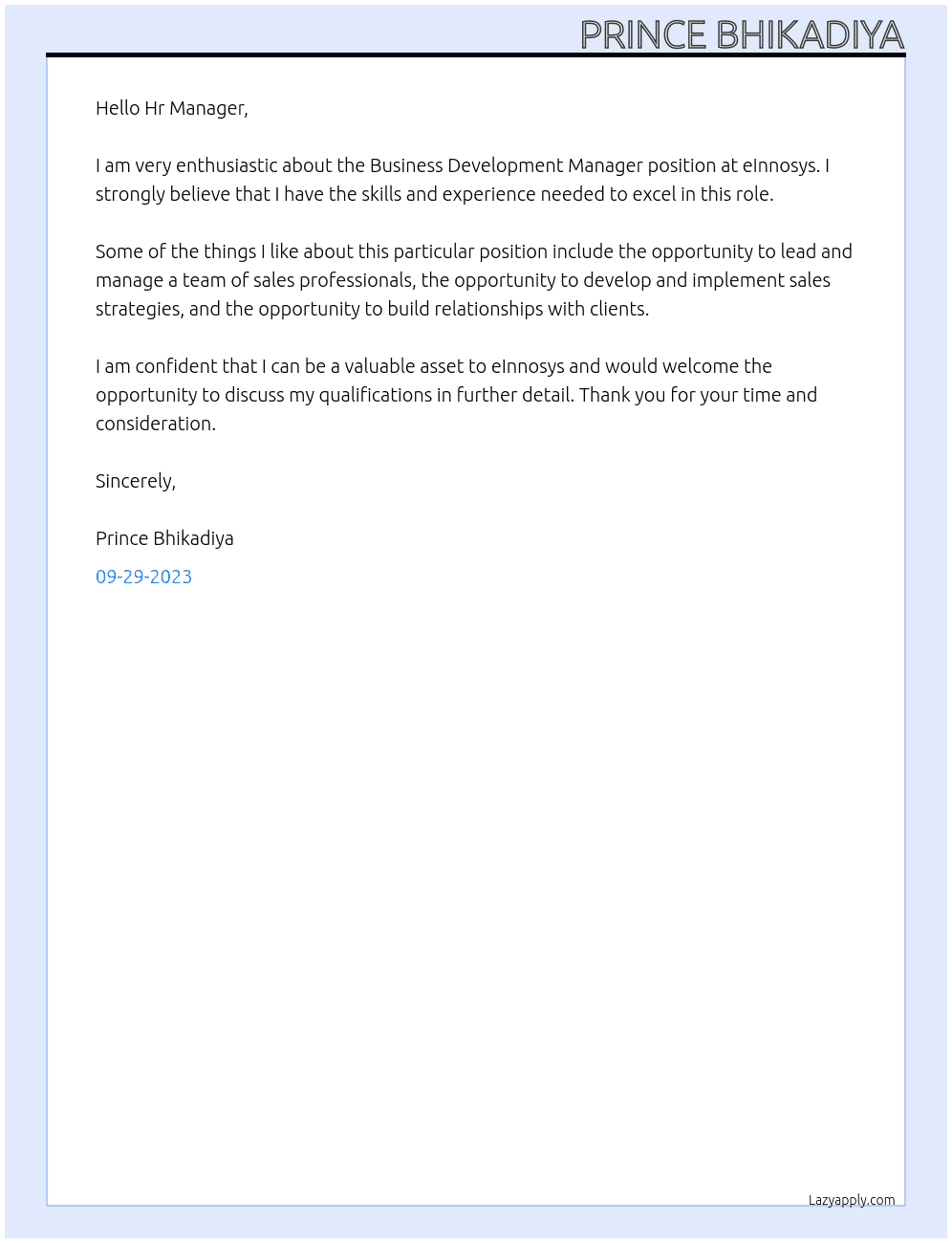 Business Development Manager At eInnosys Cover Letter