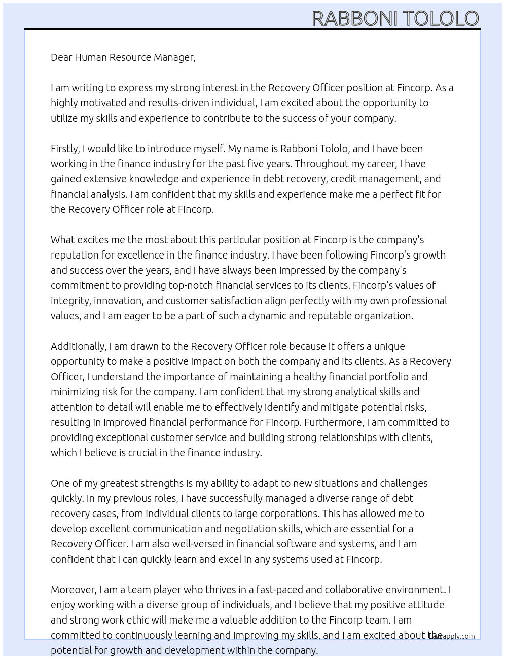 Recovery Officer At Fincorp Cover Letter