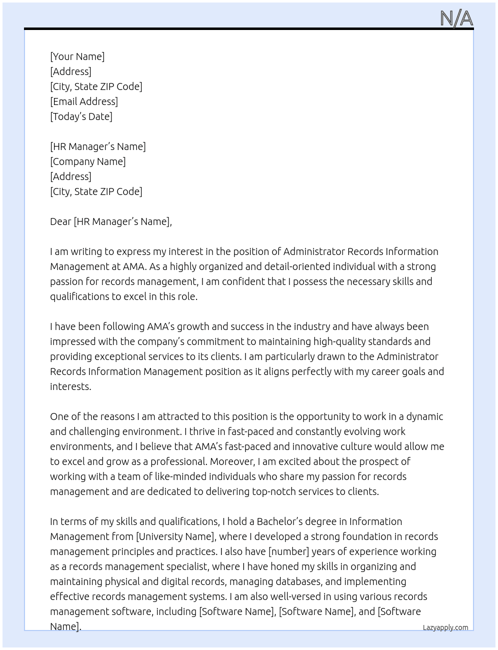 Administrator Records Information Management  At AMA Cover Letter
