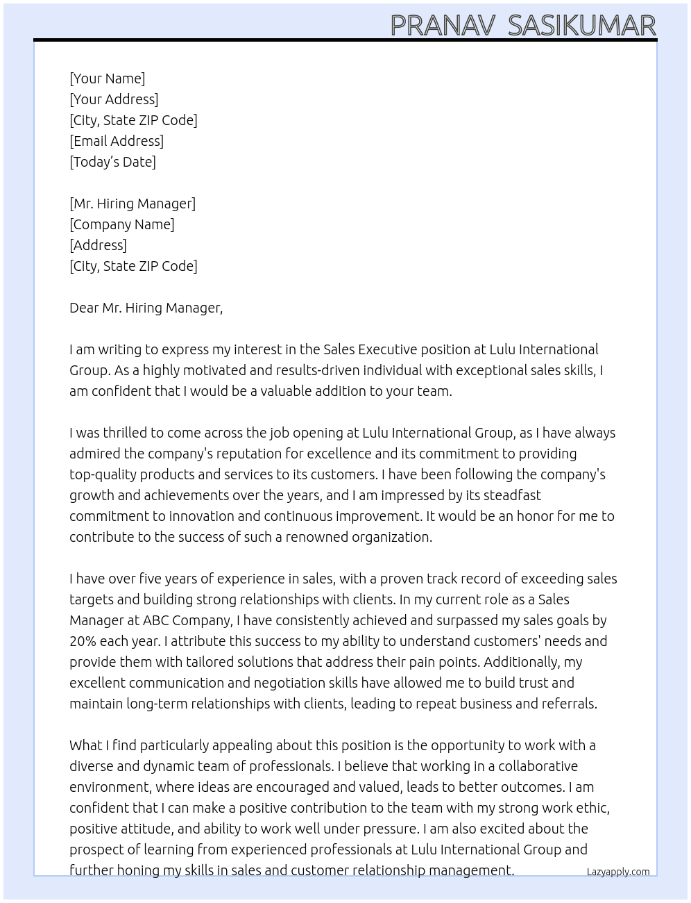 Sales executive At Lulu international group Cover Letter