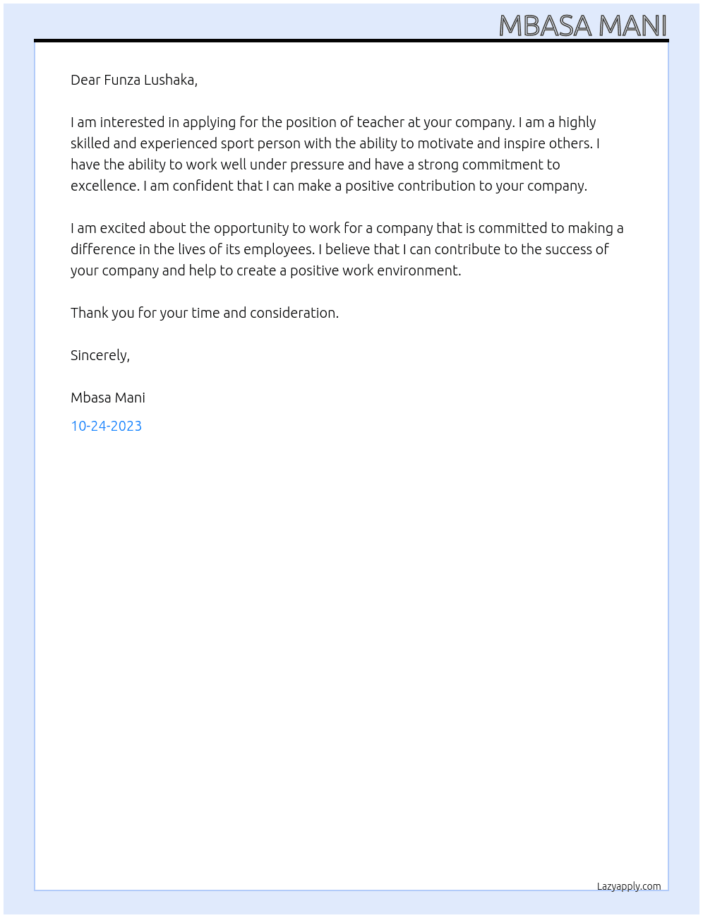 teacher At funza lushaka Cover Letter
