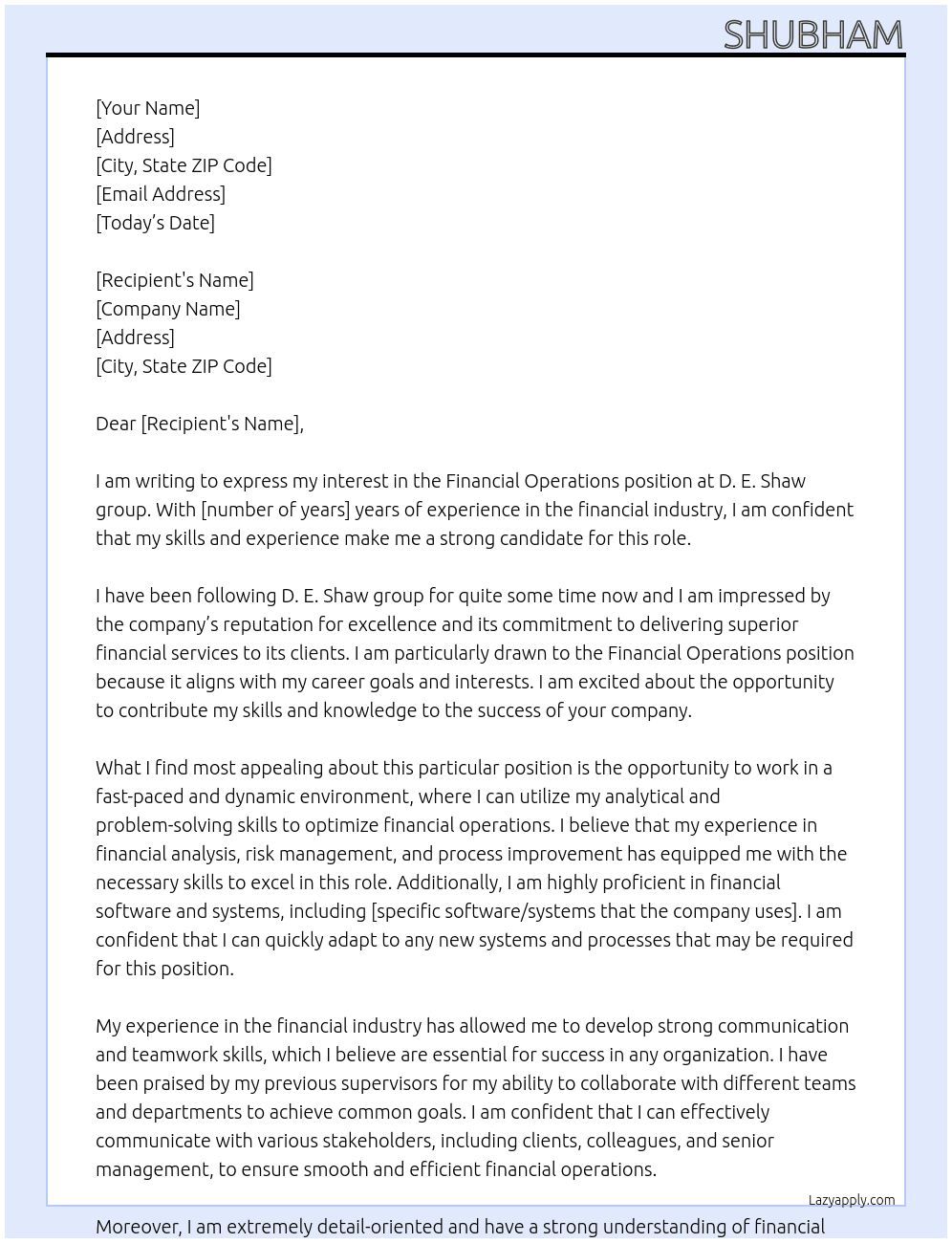 Financial Operations At D. E. Shaw group Cover Letter