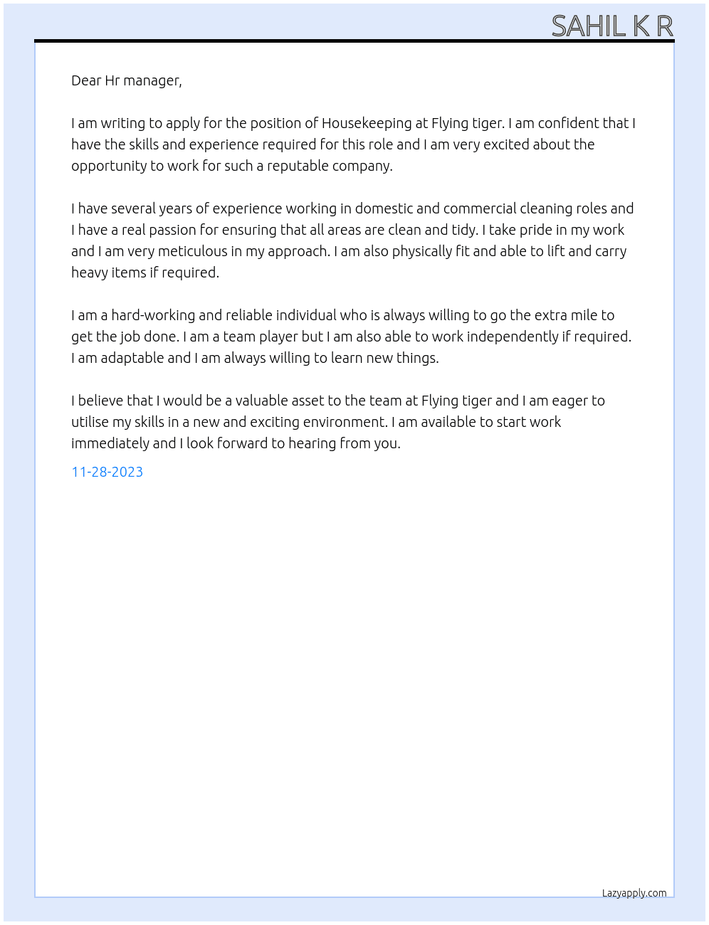 Housekeeping  At Flying tiger Cover Letter